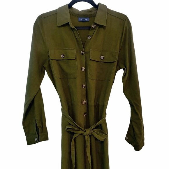 Modcloth Womens Size M Green Linen Viscose Roll Tab Sleeves Tie Belt Jumpsuit - Picture 3 of 10